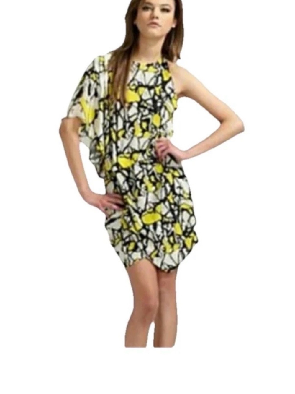 Robert Rodriguez Yellow Black White One-Shoulder Abstract Print Dress